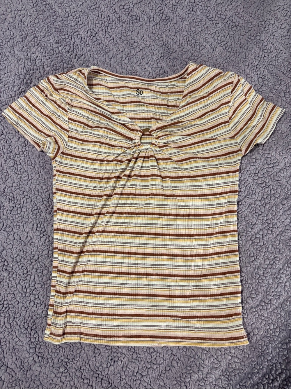 SO Striped Knot-Front Short Sleeve Top in Cream and Brown